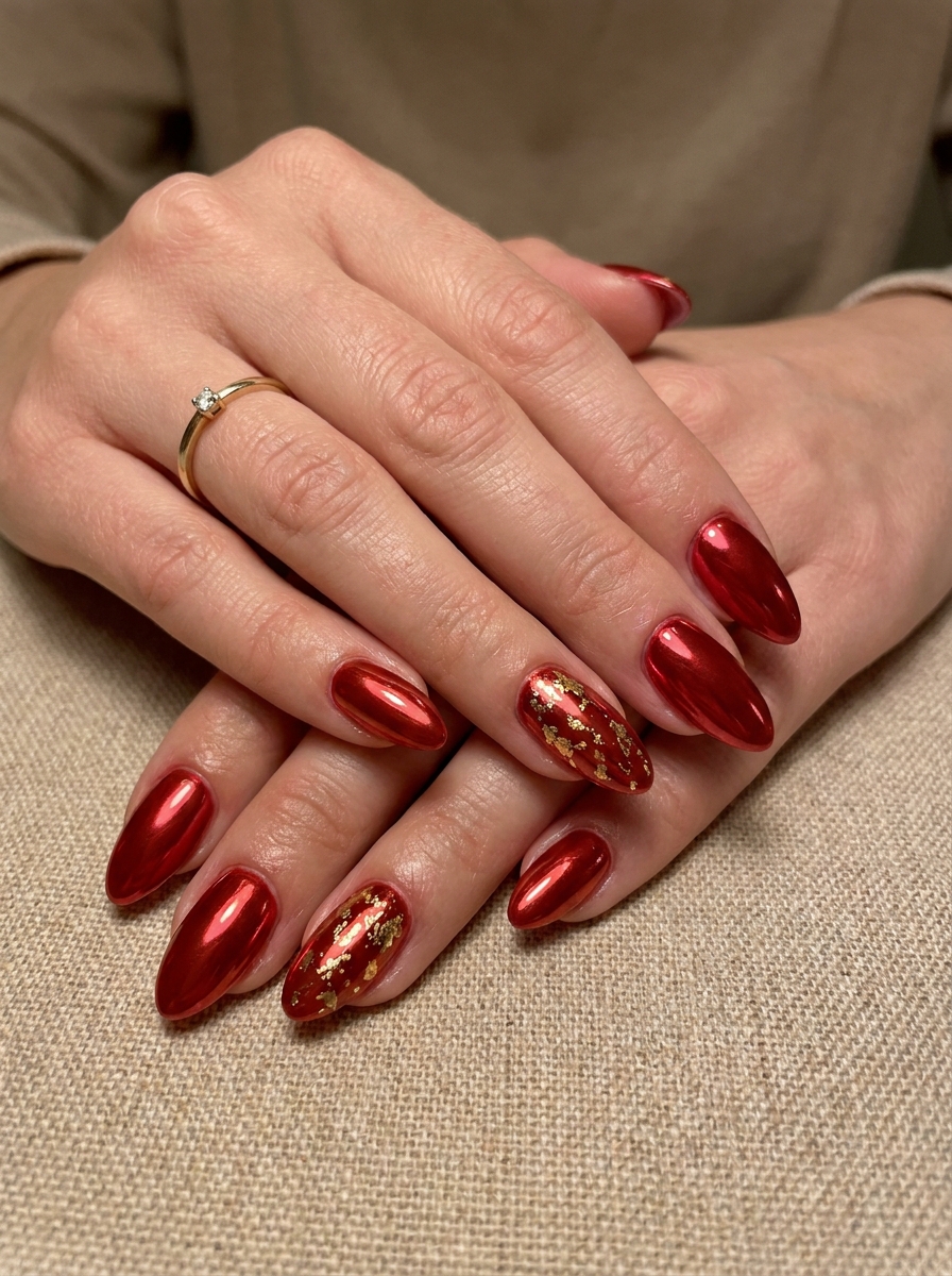 Rote Chrome Nägel mit feinem Goldfolie-Akzent
